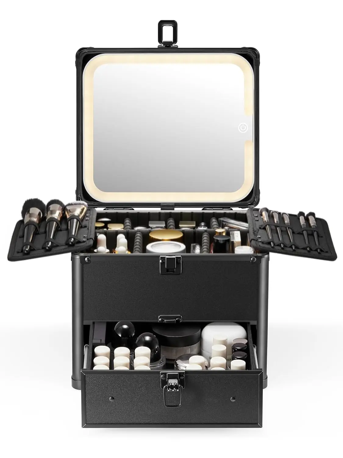 

Waterproof Travel Makeup Case with LED Mirror, Adjustable Dividers & Drawer - Black Cosmetic Organizer