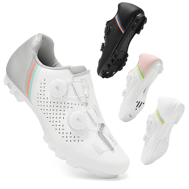 

Велосипедная обувь для шоссейного велосипеда, мужские белые дышащие SPD самоблокирующиеся шипы, гоночная обувь для шоссейного велосипеда, женские кроссовки на плоской подошве для горного велосипеда