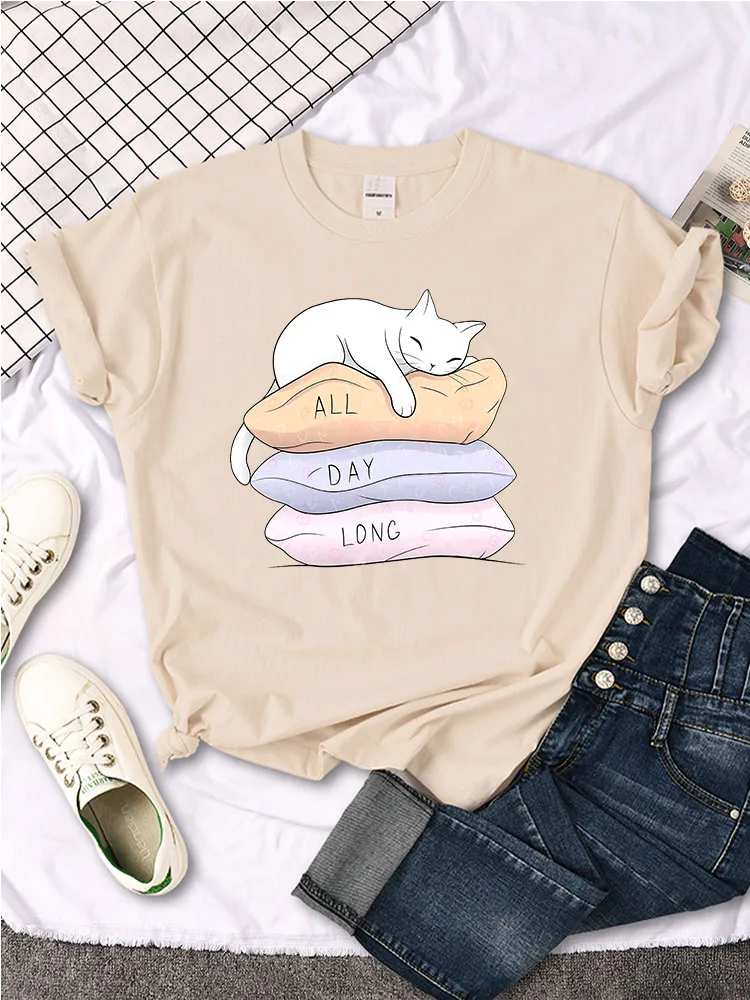 Women T-Shirt All Day Long Sleeping White Cat Printing Shirts Femalesfashion Oversized Top Harajuku Kawaii Animal Lady Tshirts