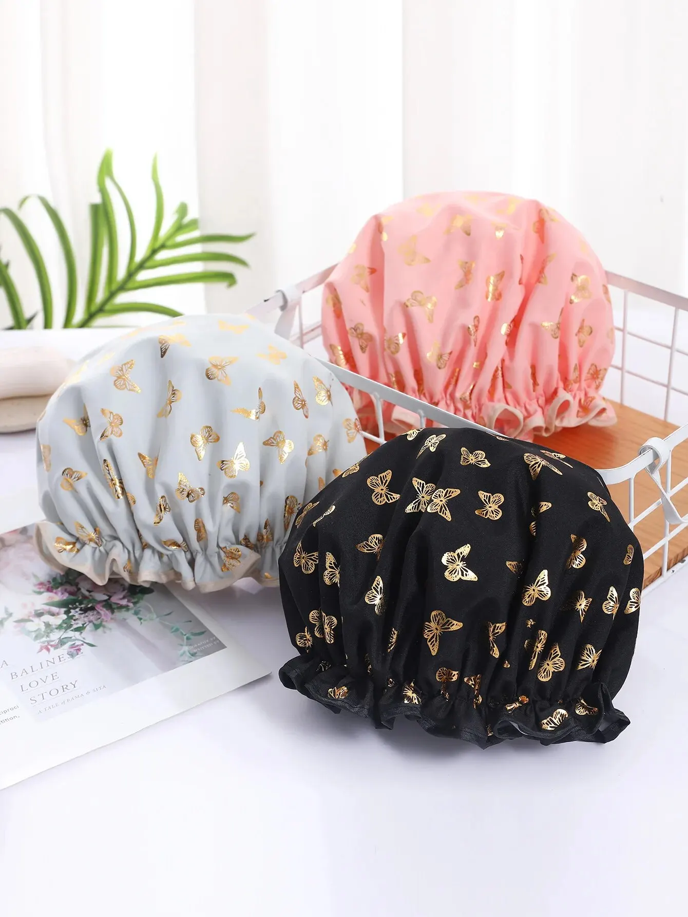 【Hot sales】Double Shower Cap Waterproof Hair Cap Hot Gold Printed Terylene Cotton Shower Cap Bathing Women