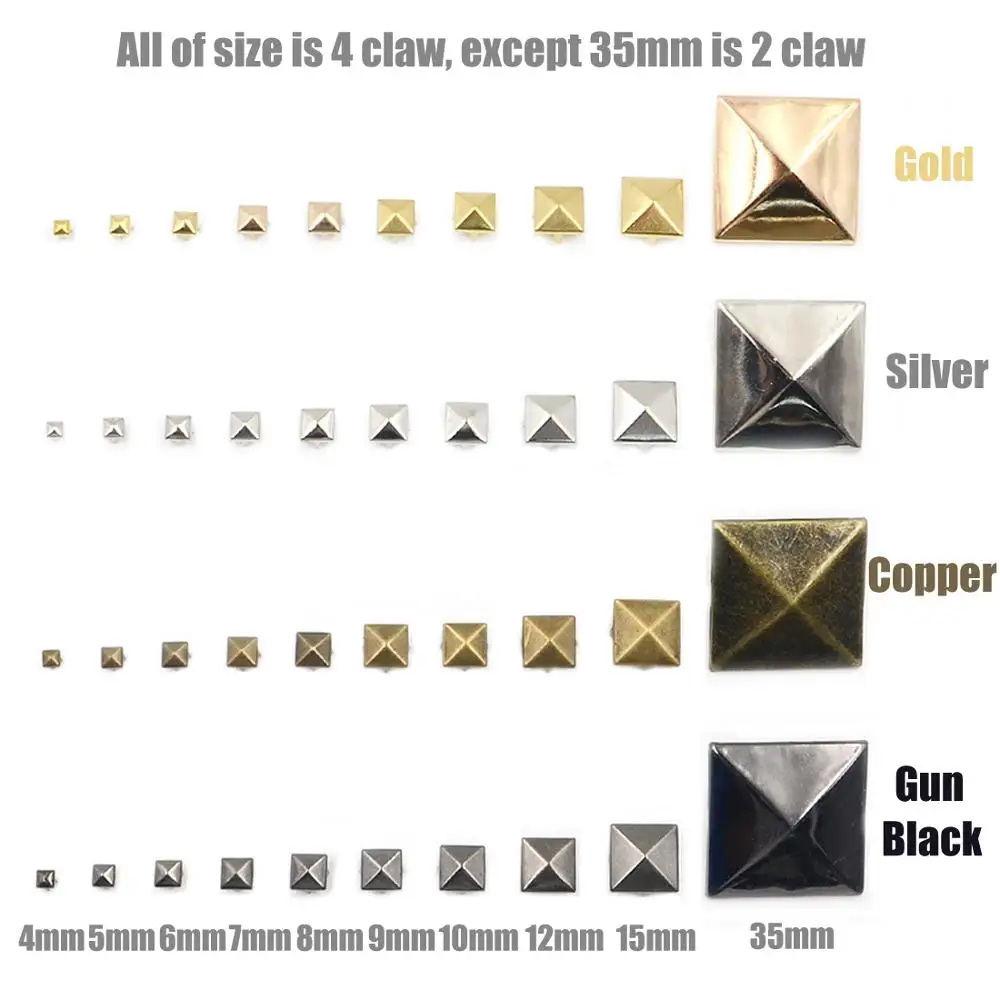 Image of 100 Stück 4 Klauen Pyramidennieten Quadratische Nieten Nieten Spike Nailheads Lederhandwerk DIY für Kleidung Taschen Schuhe Gürtel Bekleidung Zubehör