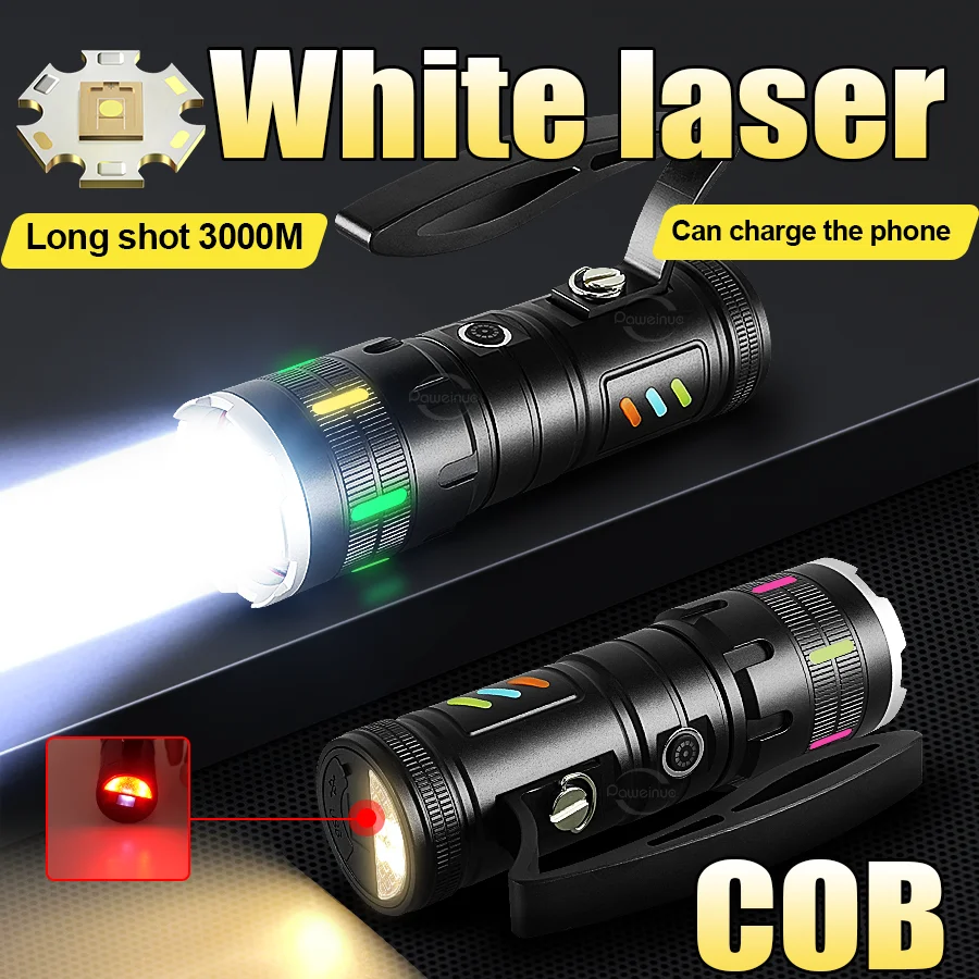 

White Laser Ultra Bright LED Flashlight Type-c Rechargeable Zoomable Tactical Torch Adjustable Focus Camping Hiking Emergency