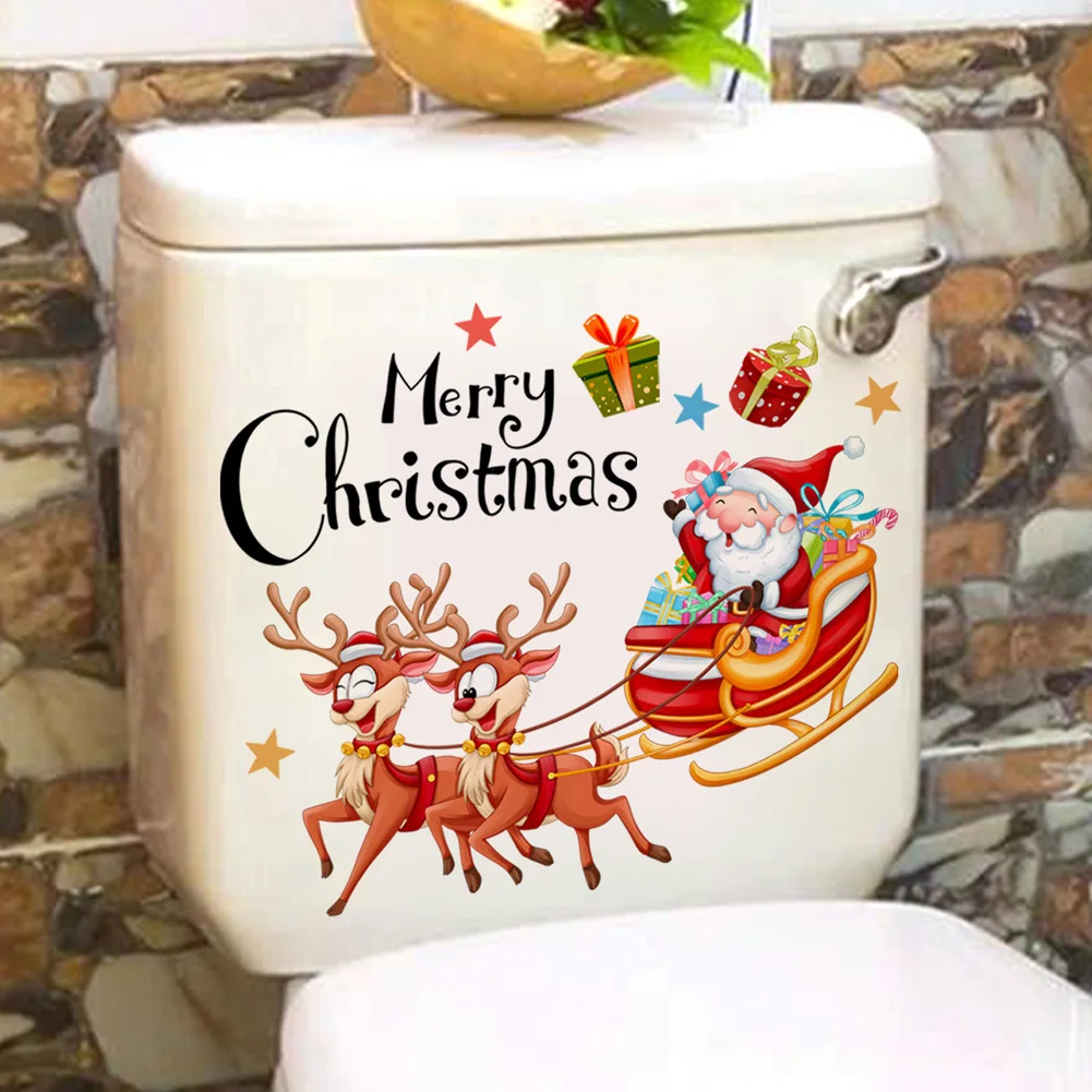 Santa Claus Deer Carriage Wall Stickers For Christmas Bathroom Decoration Mural New Year Toilet Home Decor Self-adhesive Decals