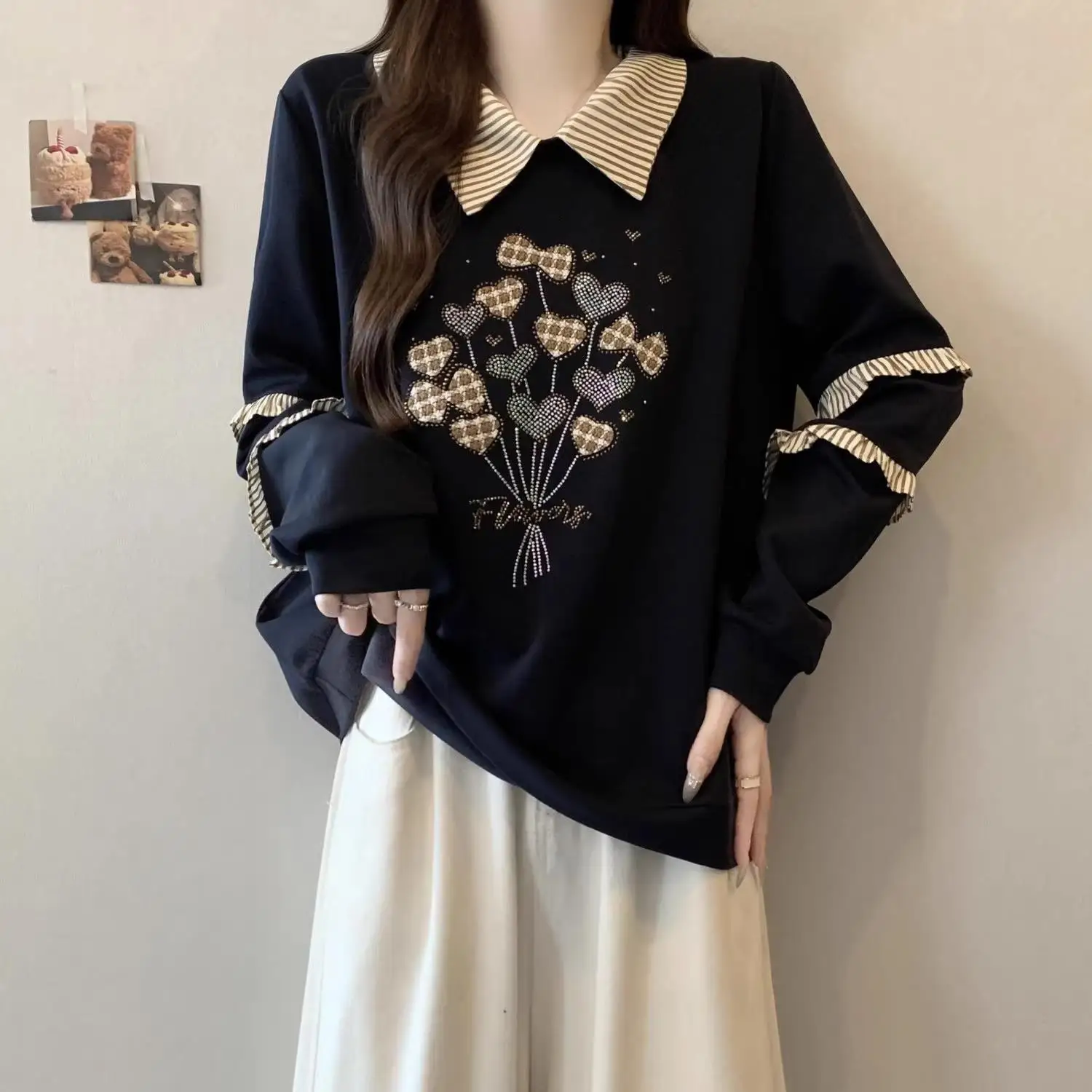 

Elegant Collar Long Sleeve Sweatshirt Loose Comfortable Autumn Winter New Style plus Size Hoodie Trendy Belly Covering Top