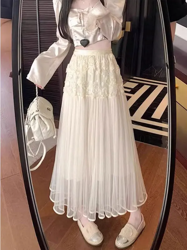 Floral A-Line Midi Skirt Heavy Embroidery Mesh Spring Summer New Style Women's Half-length Irregular Skirt Commute Style