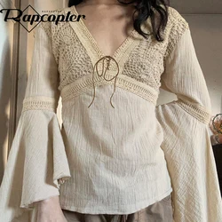 Rapcopter y2k Lace T Shirt donna Flare Full V Neck Bow Vintage Fairycore pullover Bohemian Harajuku Cute Chic Tee autunno nuovo