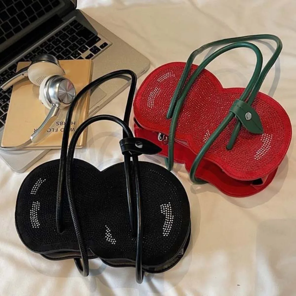 

Sweet Cherry Shape Underarm Bag Anti-splash Water Creative Red Fruit Handbag Polyester Lightweight PU Rhinestone Bag Vacation