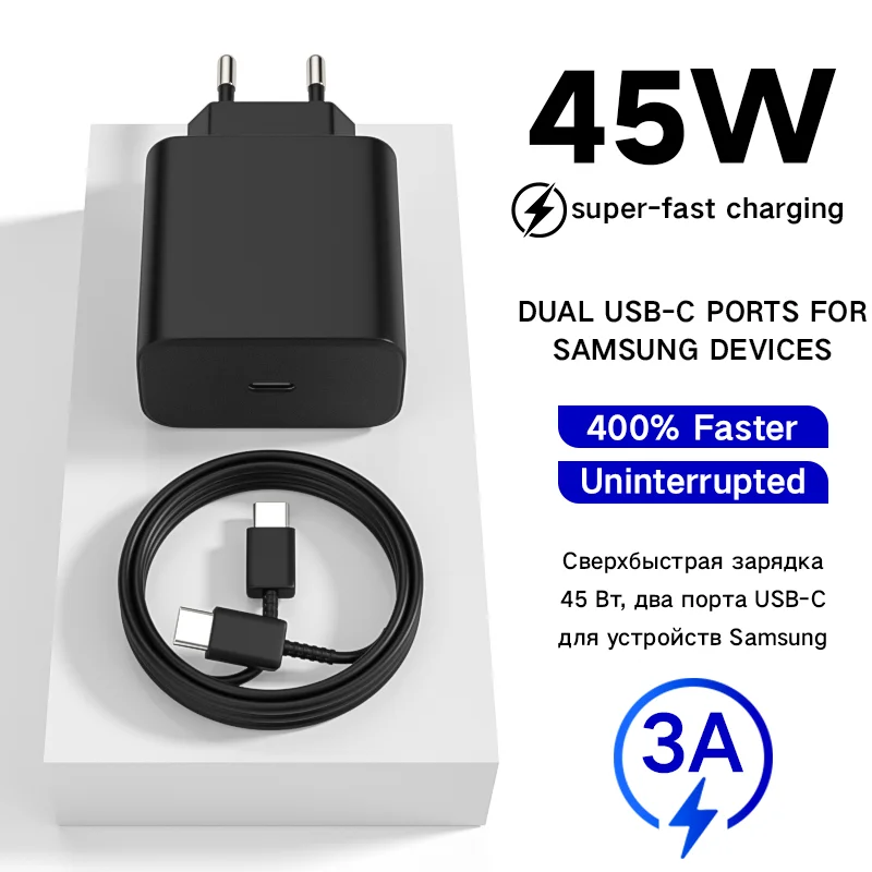 

Сверхбыстрое зарядное устройство PD QC 3.0, 45 Вт, + набор кабелей USB-C длиной 1 м/1,5 м/2 м, совместимое с Samsung S25/S24/S23/S22/S21 Ultra/Plus/FE