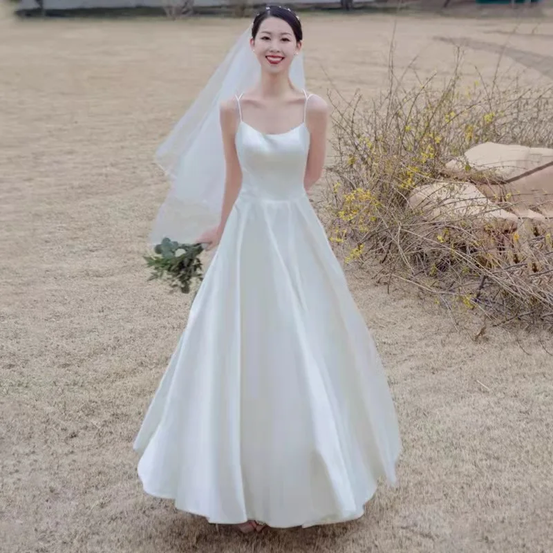 2024 autumn new white simple bride wedding travel dress female satin elegant wedding dress