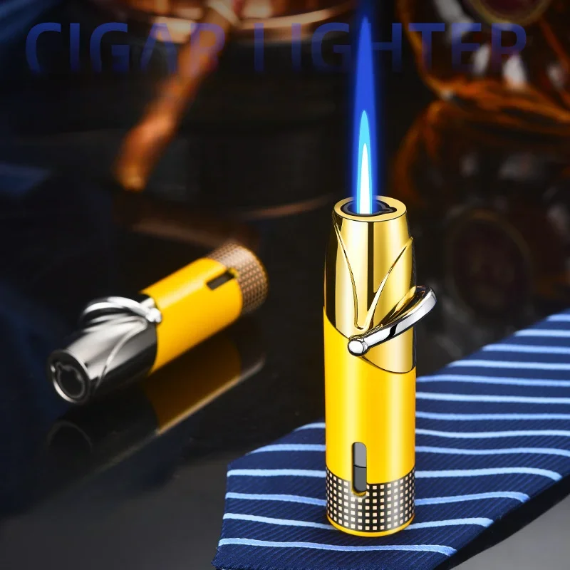 New Creative Rocker Straight Blue Flame Torch Luxury Lighter Metal Smoking Smoke Accessories Men\'S Birthday Gift Igniter