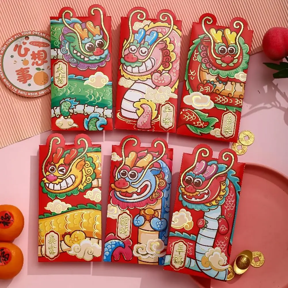 Envelopes vermelhos chineses com dragão dos desenhos animados, bolsos de dinheiro sortudo, hong bao, ano novo, 36 peças, 2024