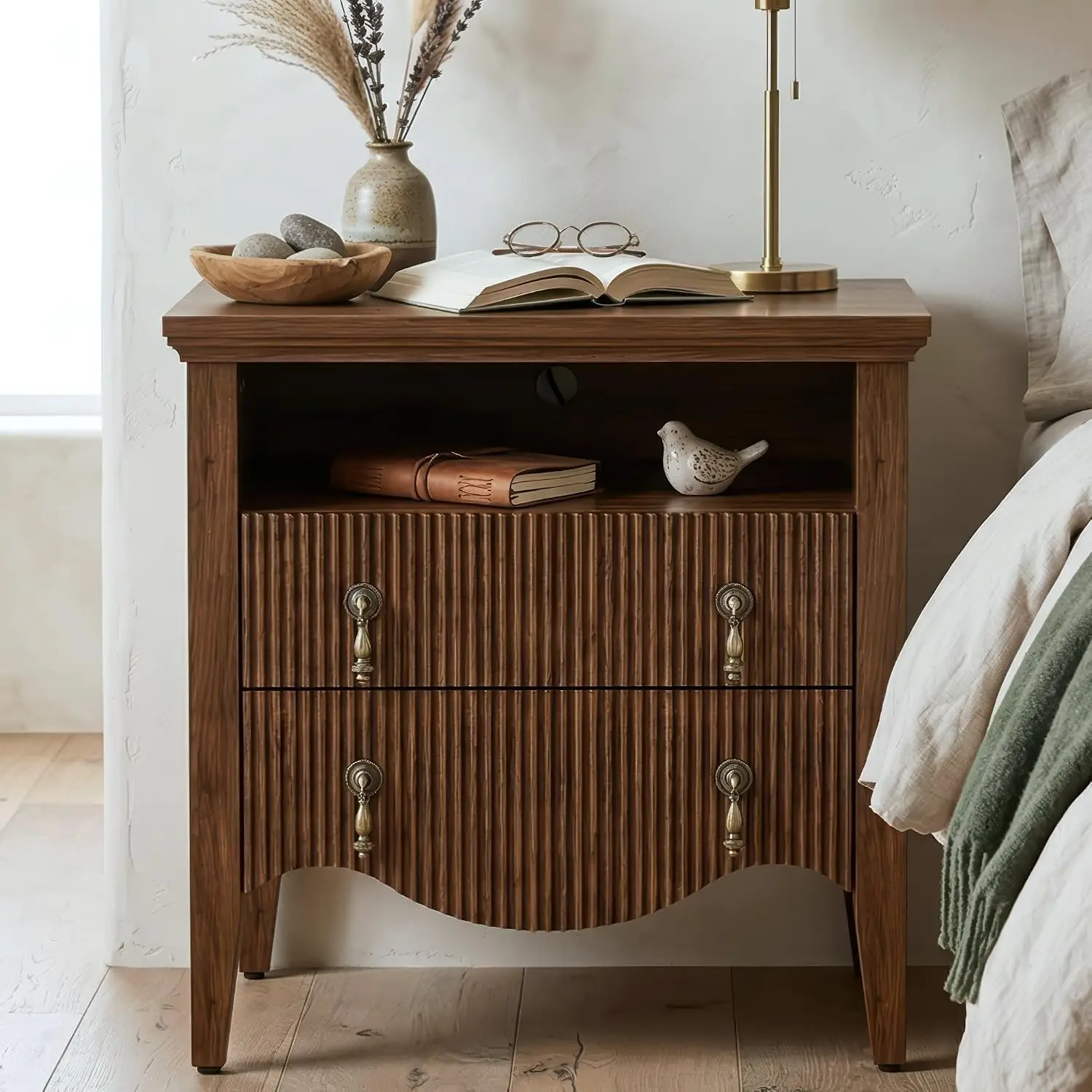 Fluted Nightstand with Charging Station, 2 Drawers and Open Shelf, Vintage Bedside Table with Power Outlet and USB Ports