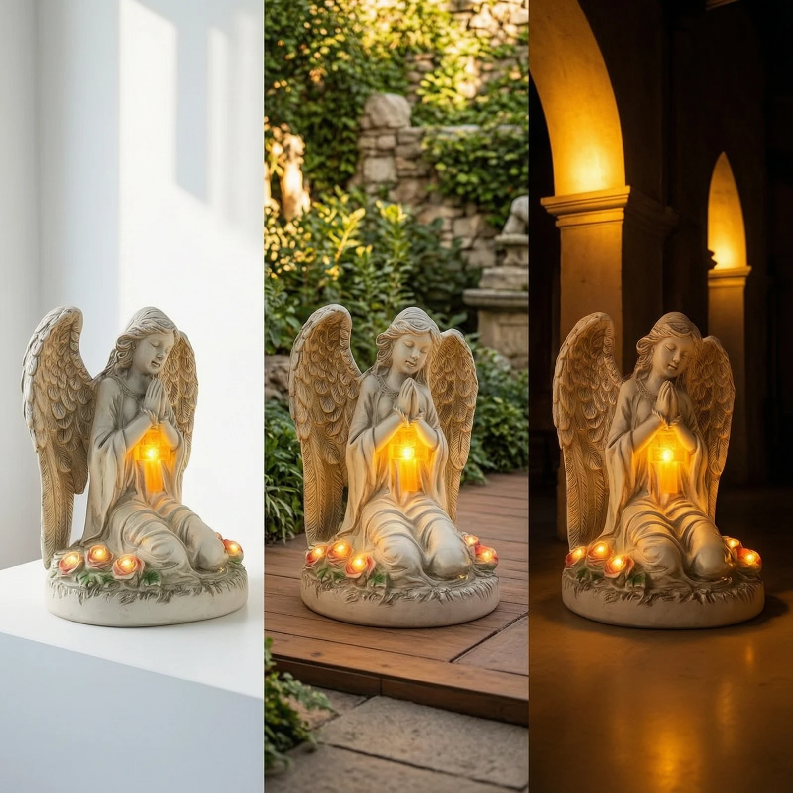 Kneeling Angel Figurine Outdoor Angel Statue with Lantern Garden Statue with Lantern Elegant Soft for Patio, Yard