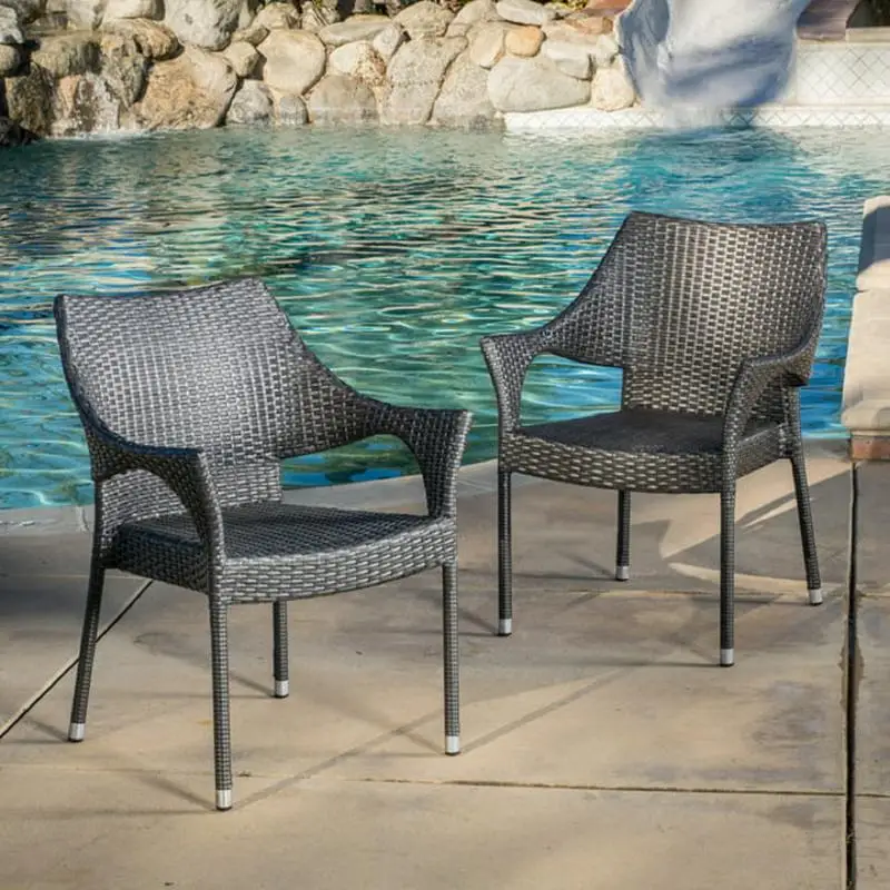 

Grey PE Wicker Stacking Armchair Set, 2 Pieces - Outdoor Furniture for Patio, Garden, Balcony, Dining, Relaxation