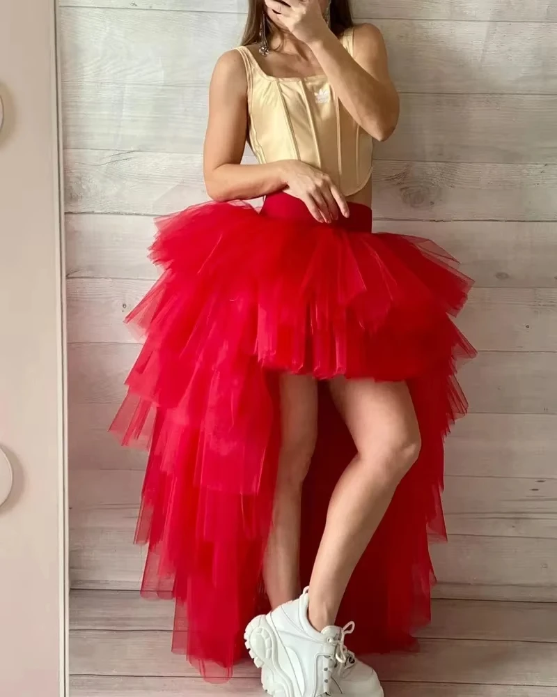 High-Low Tutu Skirts Irregular Fluffy Tulle Layered Cake Skirt Elastic Waist Mesh Petticoat Women Carnival Rock Party Half Skirt