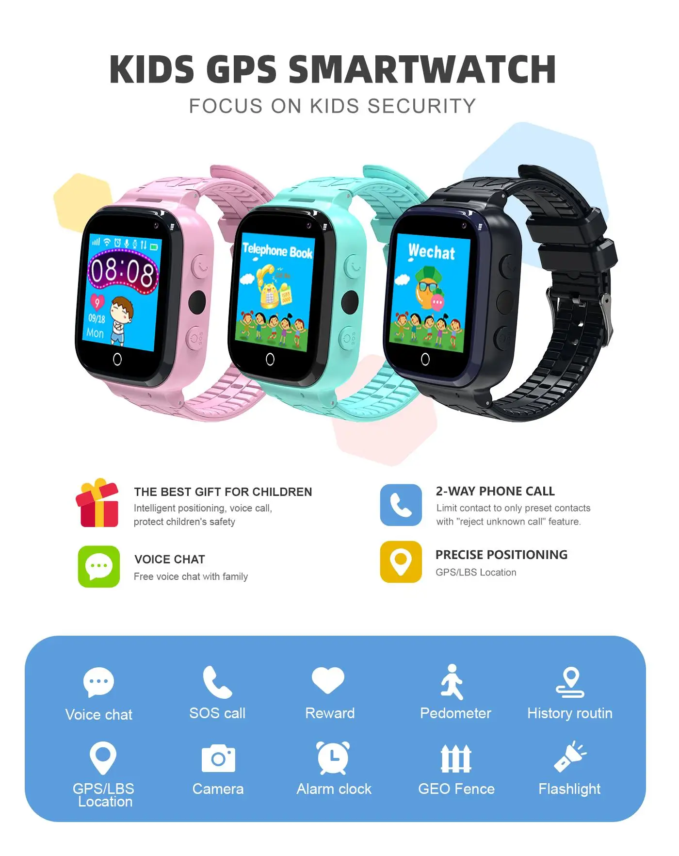 Kids New Smart Watch Phone GPS SOS Tracker Flashlight Camera Remote Moniter Alarm Clock Baby Smartwatch For Children Gifts