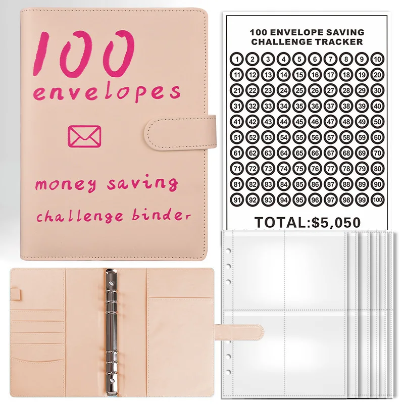 100 Day Challenge for Couples To Save Money, Leather Hand Account, Loose Leaf Book, Transparent Inner Book, Savings Book