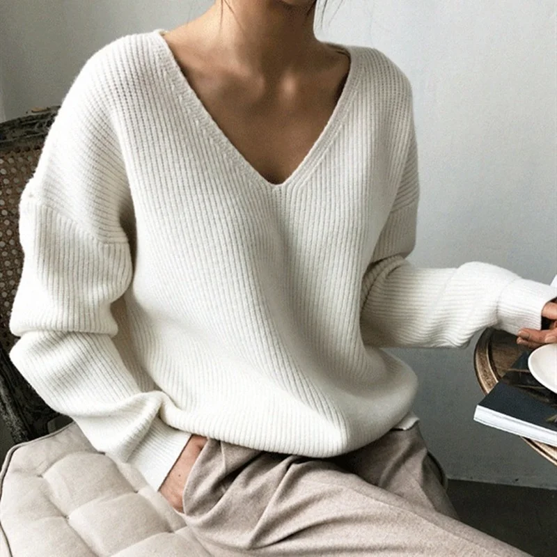 Fashion Korean Knitted Solid Women Sweater Elegant V-Neck Tops Casual Loose White Pullover Autumn Winter Clothes Pull Femme 7290