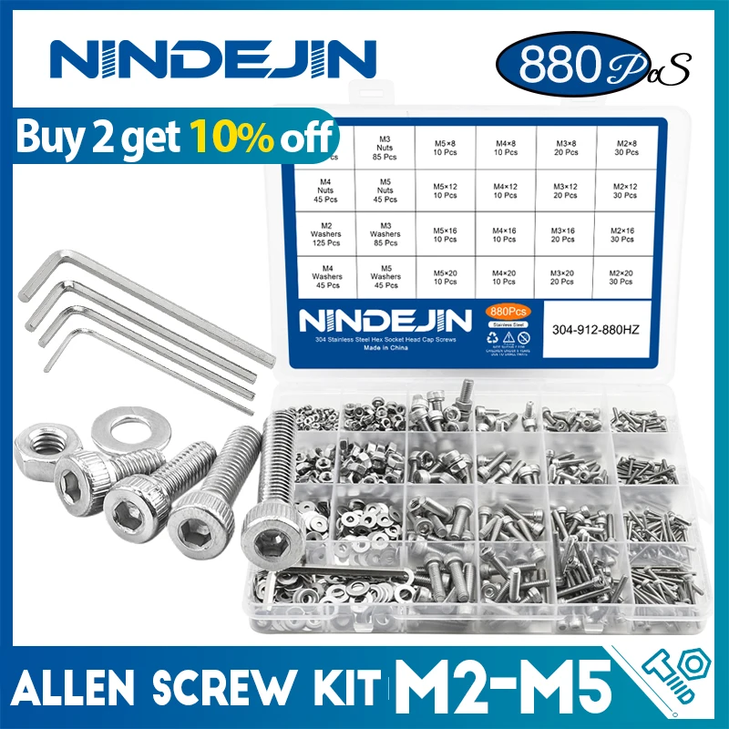 NINDEJIN 880pcs Hex Hexagon Socket Screw Assortment Kit M2 M3 M4 M5 Stainless Steel Flat Round Cap Head Bolt and Nut Set