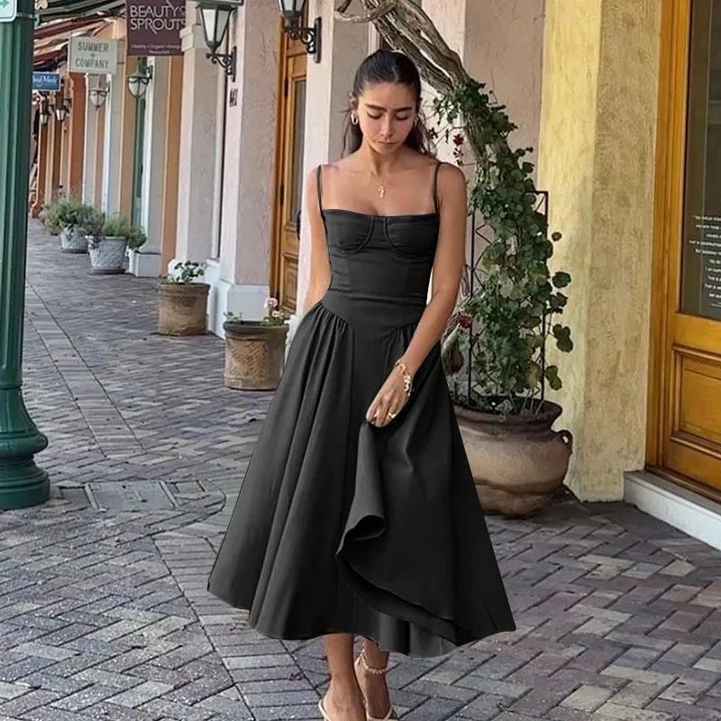 Zomer Dames Elegante Mouwloze Open Rug Geplooide Jurken Dame Sexy Effen Sling Midi Jurk 2024 Vrouwelijke Partij Avond A-Lijn Gewaden
