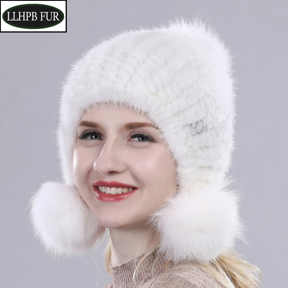 

2025 New Lovely 100% Real Mink Fur Hat Women Winter Knitted Real Genuine Mink Fur Beanies Thick Warm Real Fox Fur Pom Poms Cap