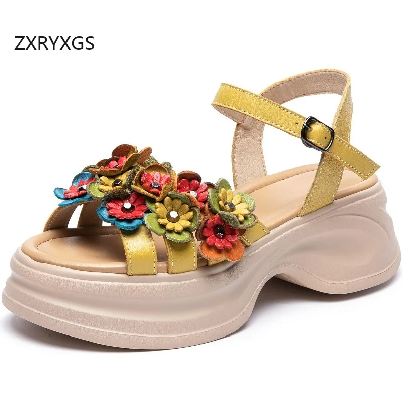 

ZXRYXGS классические сандалии с цветами в богемном стиле, модная женская обувь, новинка 2025, сандалии премиум-класса из натуральной кожи на платформе, увеличивающие размер