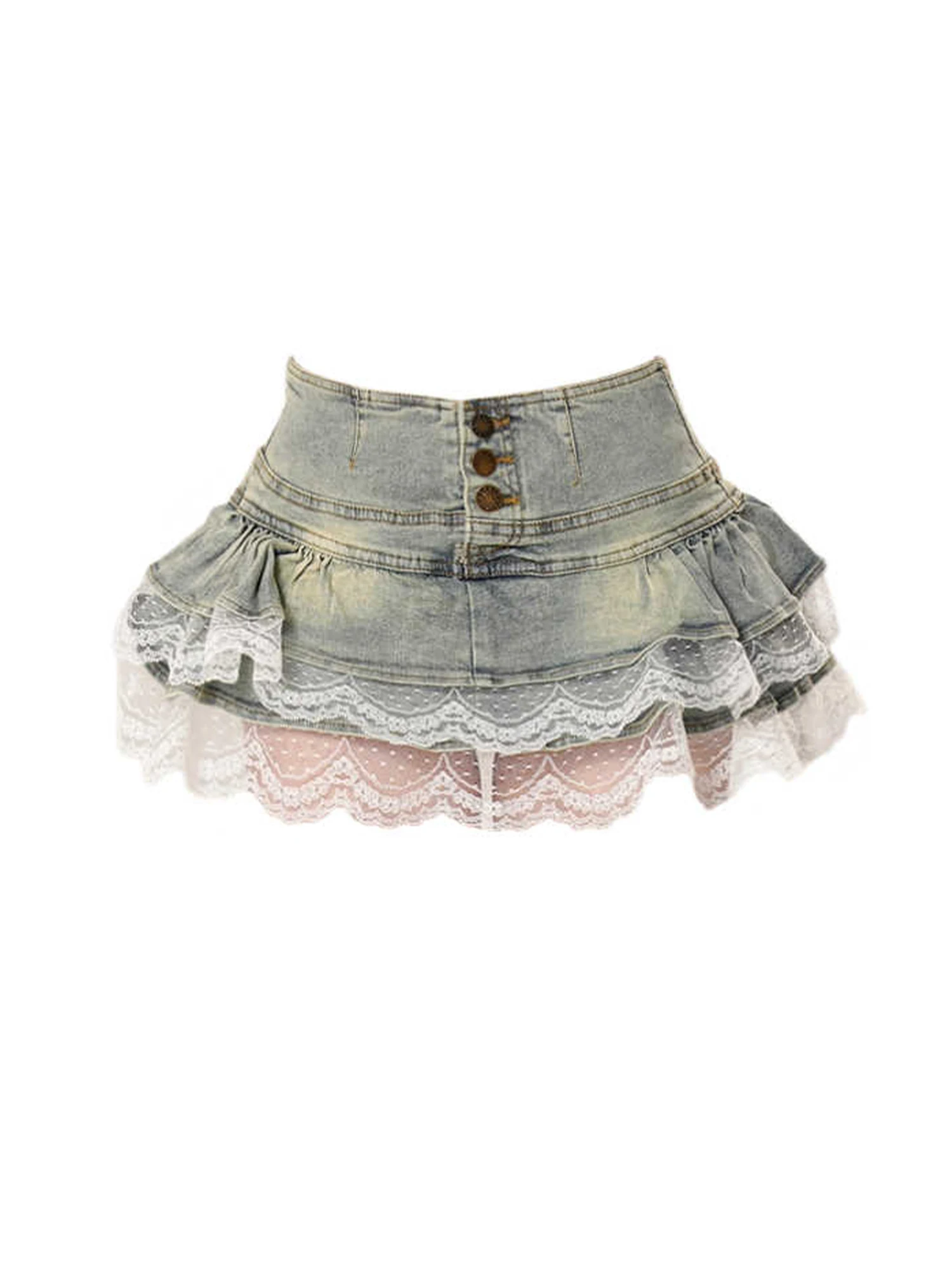 

Women Blue A-line Denim Skirt Aesthetic Y2k Mini Cowboy Skirts Harajuku Low Waist Lace Jeans Skirt 2000s Vintage Clothes Summer