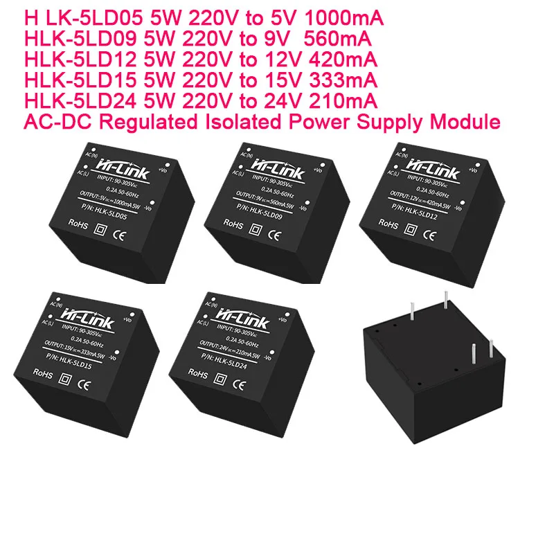 2Pcs/1pc Hi-Link 5W AC-DC Regulated Isolated Power Supply Module 220V to 5V 9V 12V 15V 24V HLK-5LD05 5LD09 5LD12 5LD15 HLK-5LD24