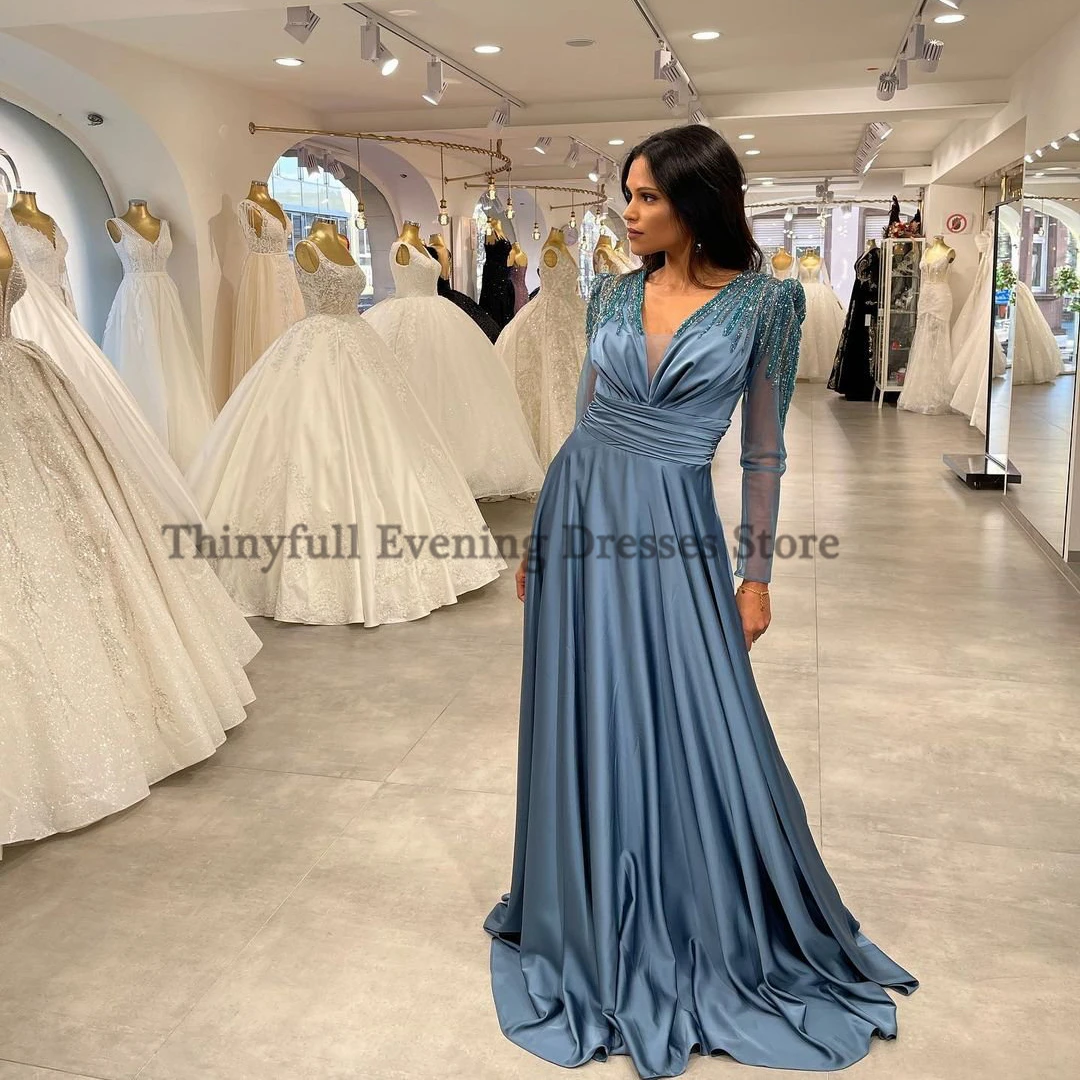 Thinyfull Sexy Prom Evening Dresses V-Neck Long Sleeves Party Dress Beadings Floor Length Saudi Arabia Cocktail Gowns Plus Size