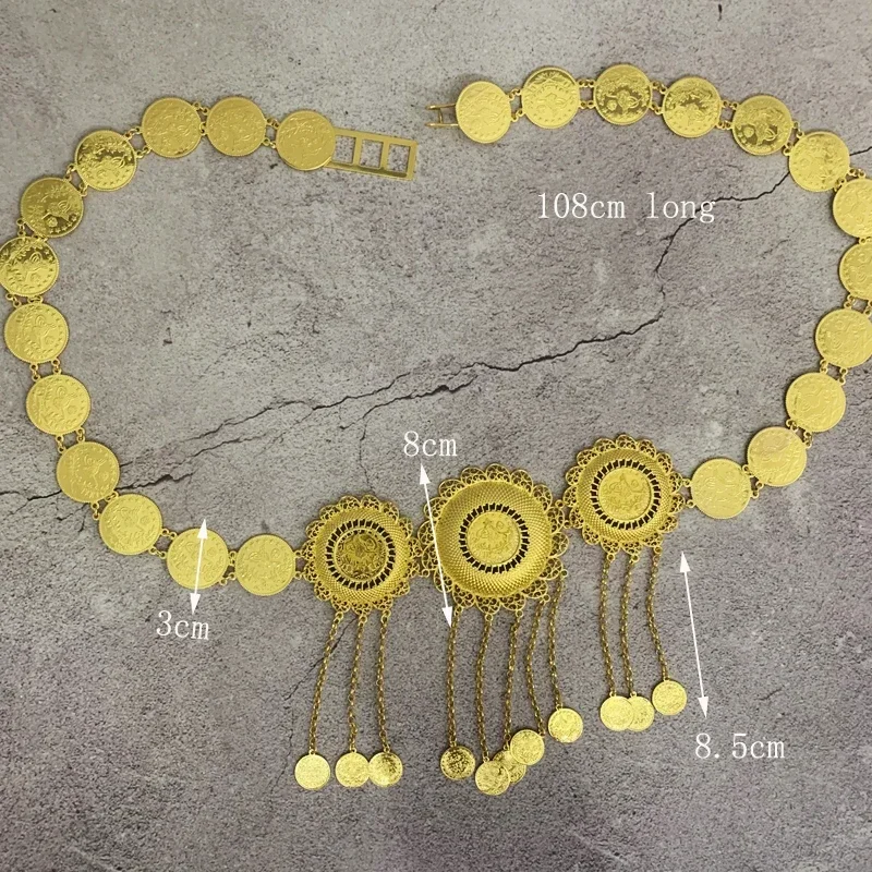 قلادة عملة طوطم تركية للسيدات ، حزام زفاف تركي ، قلادة مطلية بالذهب ، سلسلة خصر كبيرة الحجم ، هدية نبيلة سعودية
