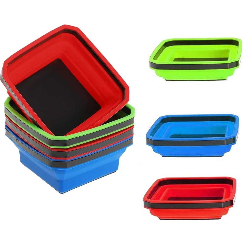 3Pcs Collapsible Magnetic Parts Tray Set Silicone Foldable Magnetic Tool Tray Screw Bowl Tool Part Storage Box Organizer