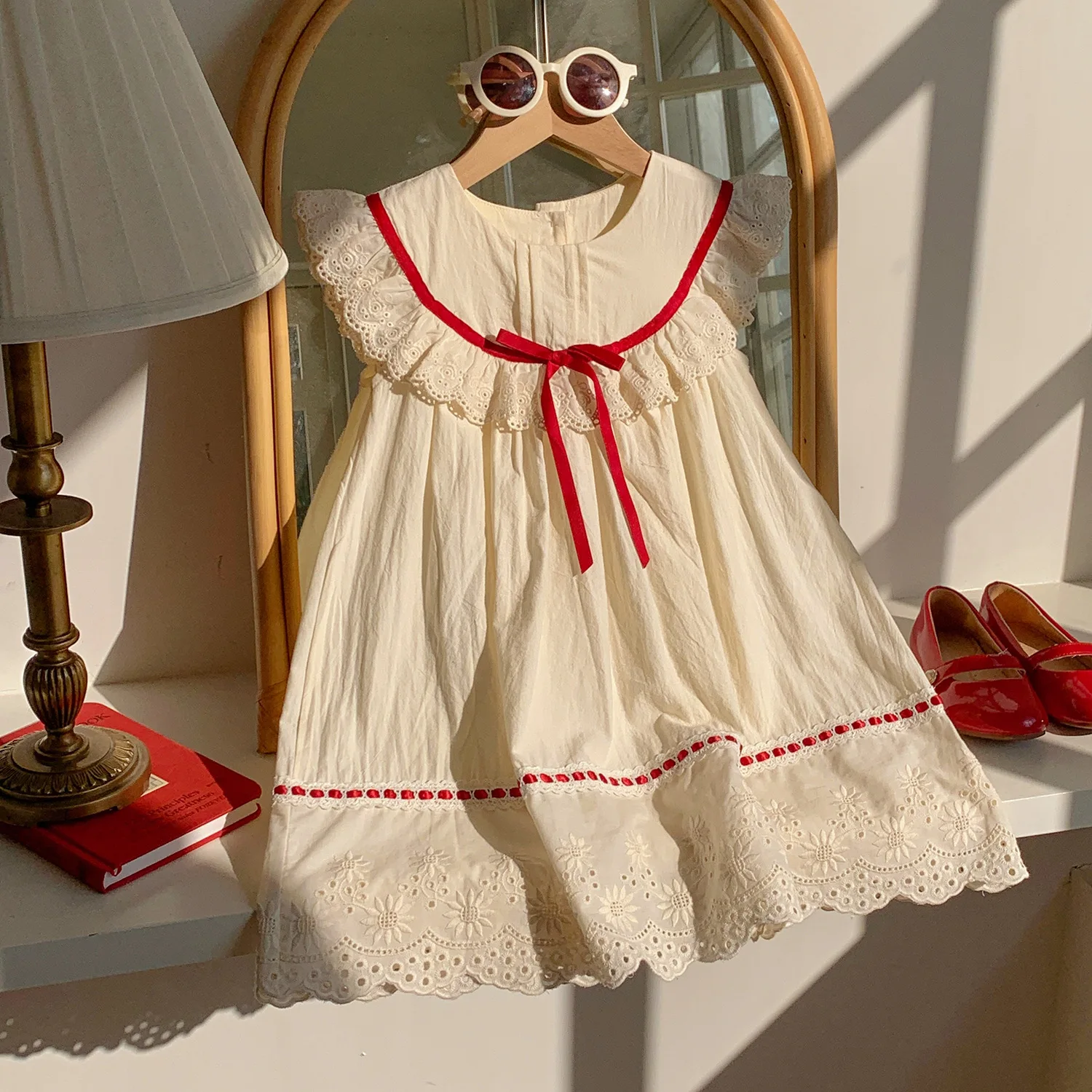 Dress Korean Lace 2025 Summer Round Neck Lace Cute and Sweet Buttful-knot Princess Dress Kids Clothes Girls