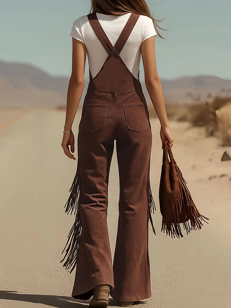 V Neck Tassel Button Patchwork Jumpsuits, Women Holiday Casual Wide Leg Pants Playsuits, 2026 Sleeveless Autumn Winter Overalls