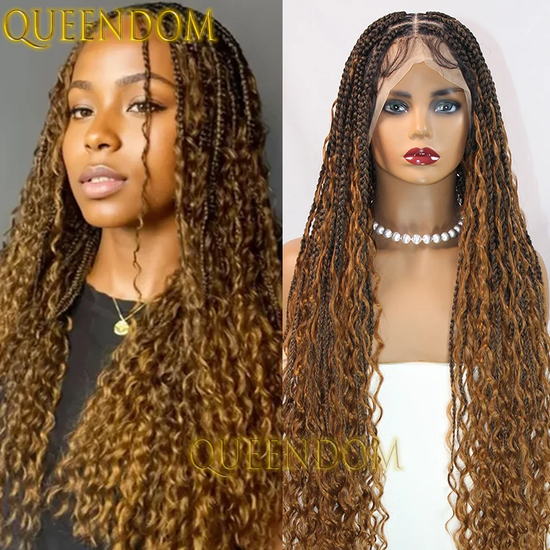 

Synthetic Full Lace Box Braid Wig Knotless Ombre Blonde Goddess Braided Wig For Black Women 36 Inch Bohemian Cornrow Braids Wig