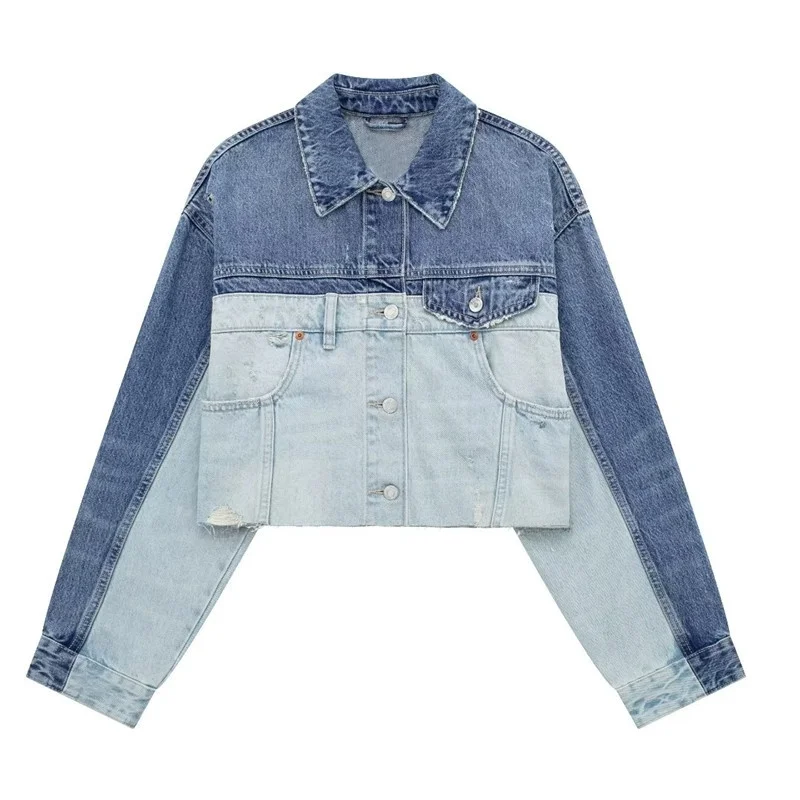 

Trendy Patchwork Denim ort Jaet Women's Loose Fit Spring Faion Outerwear Collar Button up Casual Coat