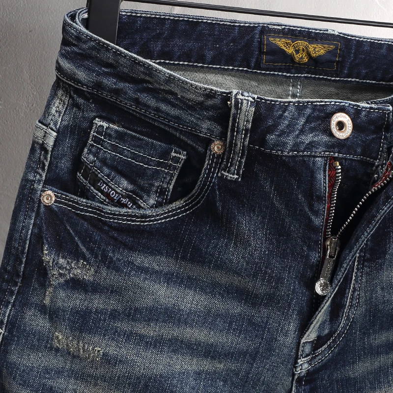 Fashion Designer Men Jeans High Quality Retro Washed Blue Elastic Slim Fit Ripped Jeans Men Trousers Vintage Denim Pants Hombre