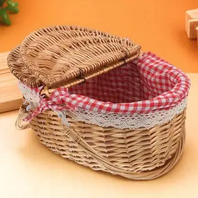 

1pc Rustic Wicker Picnic Basket With Lid Portable Woven Storage Basket For Camping Wedding Party Gift Decorative Home Use
