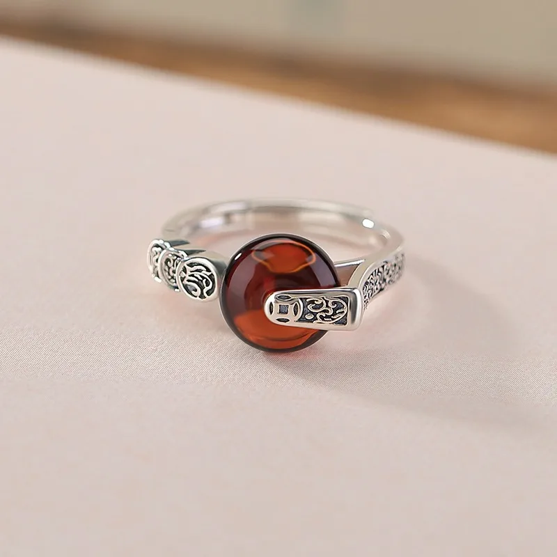 

TIMESWIND Retro Red Amber Circle S925 Pattern Rotatable Women Open Ring with Certificate
