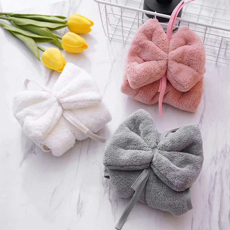 

Coral Velvet Hand Towel Hanging Bowknot Towel Thickened Soft Skin Kitchen Bathroom Absorbent Quick Dry Lazy Hand Towels