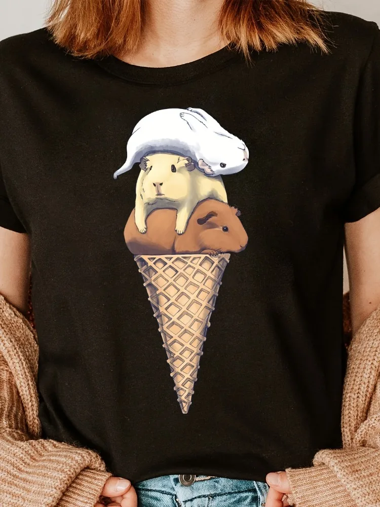 

Womens Adorable Guinea Pig Ice Cream Print T-Shirt Round Neck Casual Everyday Top Perfect for Animal Lovers and Birthday Parties