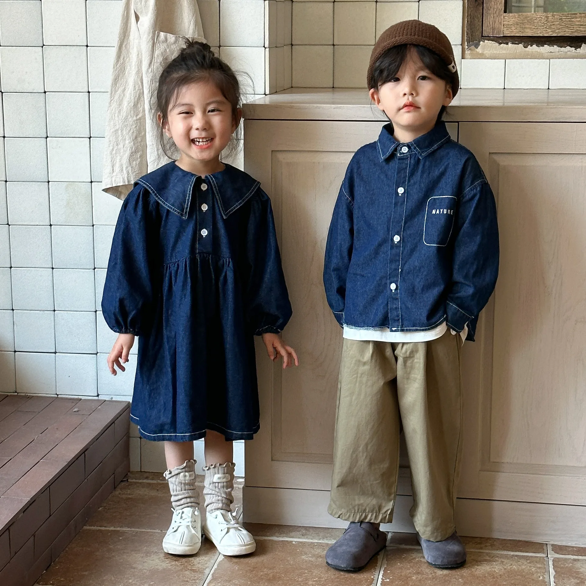 Autumn Mother Kids Clothes Brother Sister Outfits Fashion Boy Solid Lapel Long Sleeve Cardigan Denim Coat Girls Casual Dresses