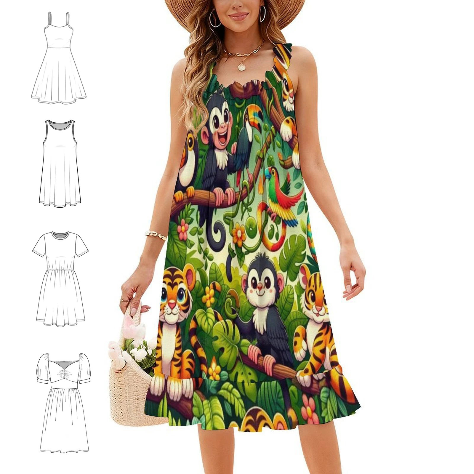Cute Animals Of The Jungle Inspired Design Preppy Style Mini Dress For Women A-Line Loose Fit Casual Day Dress Cute Animals Of
