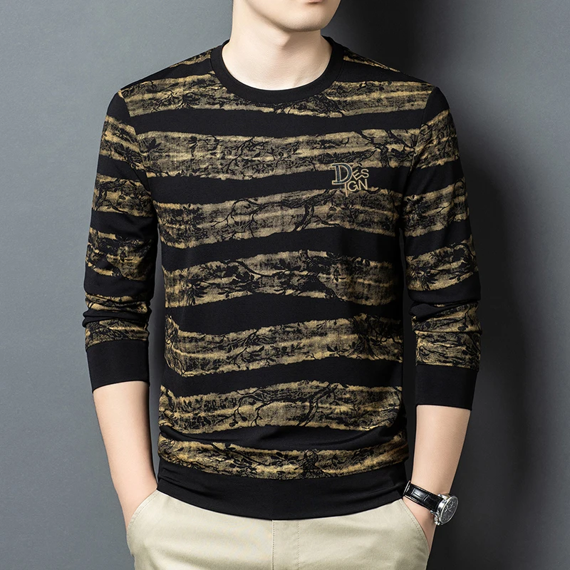 Design Striped Print Sweatshirt For Men Premium Embroidery Trendy Autumn Quality Viscose Blends All Match Sudaderas Para Hombres
