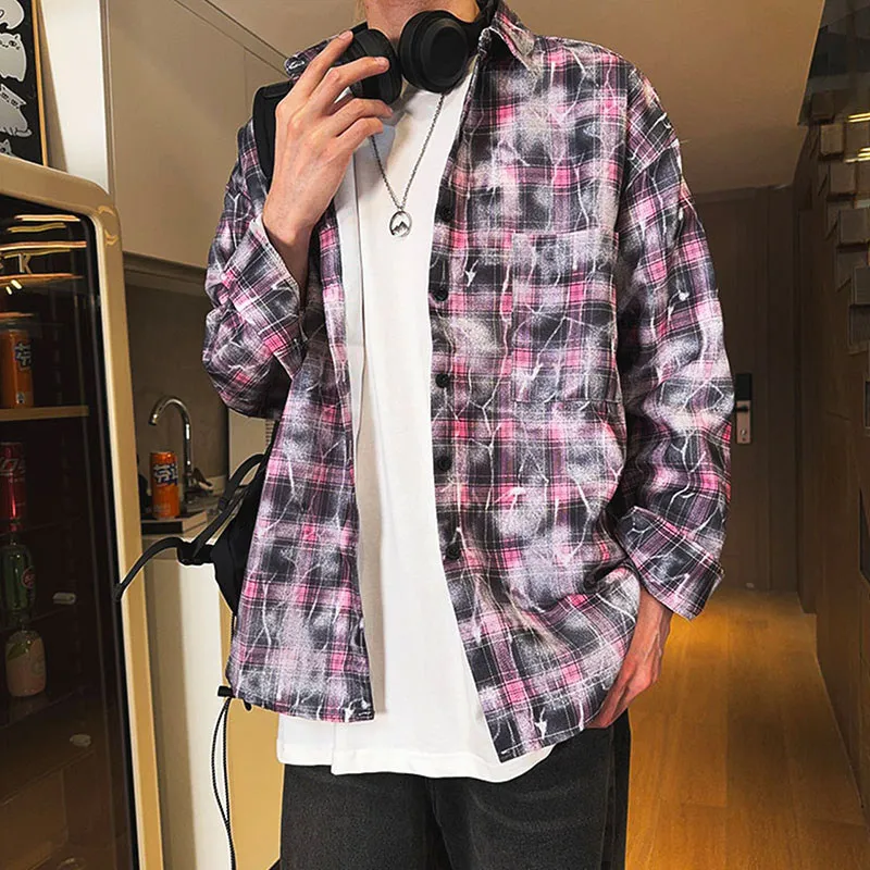 

Purple Tie Dye Plaid Men's Long Sve irt Vintage American Retro Sle Boyfriend Outerwear Polyester Fiber Summer irt