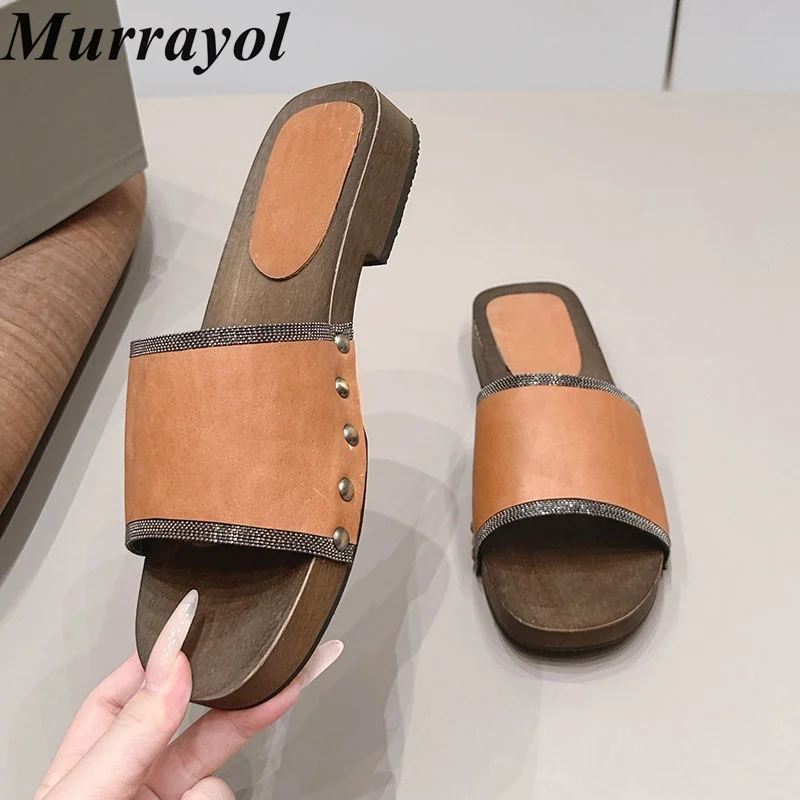Slippers Low Heel Slippers Women Real Leather Metal Rivet String Bead Decor Lazy Sandals Ladies Summer Outdoor Vacation Shoes