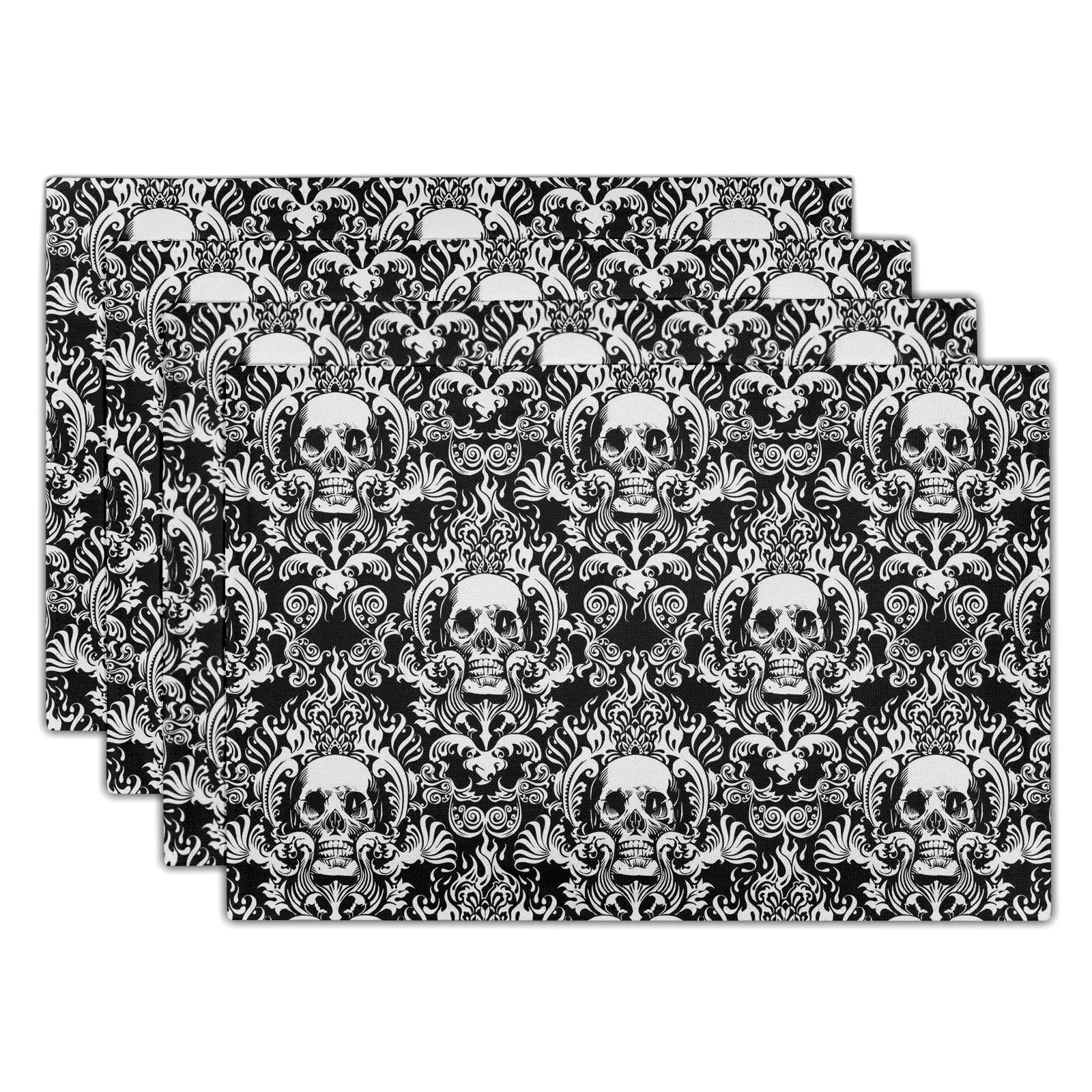 

Gothic Skull Placemats,Halloween Skeleton Decorative Linen Place Mat,Spooky Day of The Dead Table Mats for Kitchen Dining 12x18"