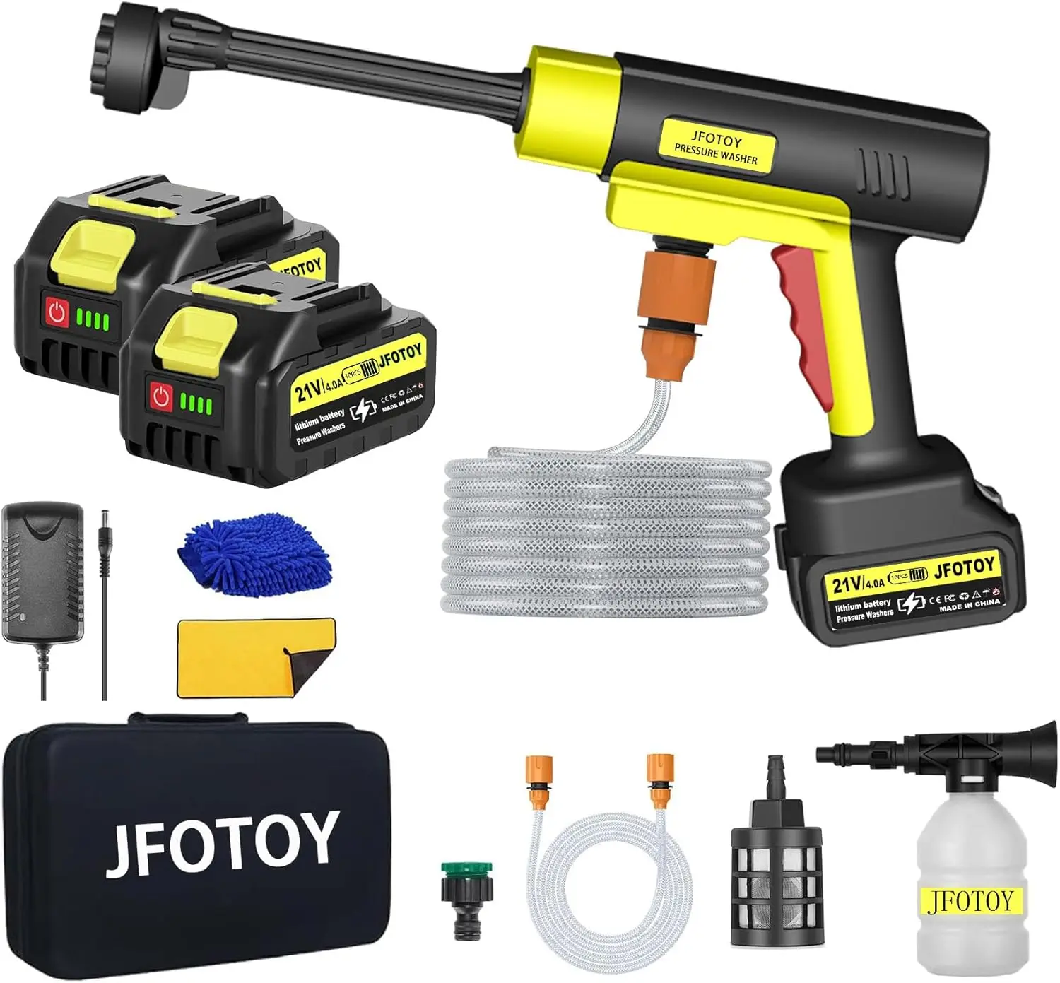 Portable Cordless Pressure Washer for Car, Fence, Floor, Patio, 1200 PSI, Connect to Tap, 2 Batteries, 6 in 1 Nozzle, 33FT Hose