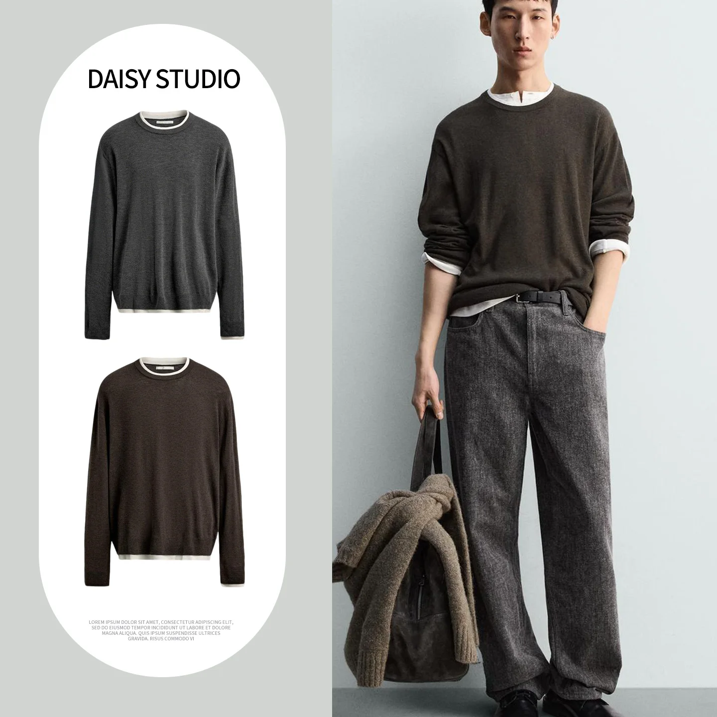 

Spring New Men's round Ne Long Sve Striped Knitwear Slim Fit Straight Leg Polyester Fiber Casual Sle Breathable Skin-F...