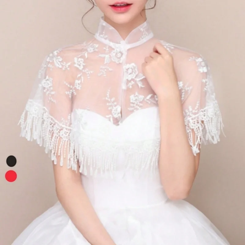 

Women's White Red Black Stand Collar Tassel Embroidered Tulle Evening Ball Cape Solid Color Soft Elegant Formal Transparent Cape