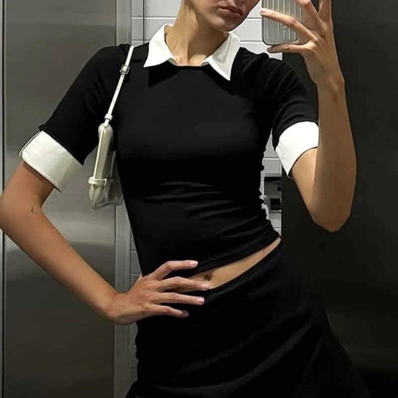 

Temperament Commuting Vacation Two Piece Mid Sleeve Top, Shirt Collar, Contrasting Color, Slimming Fashion T-shirt Top